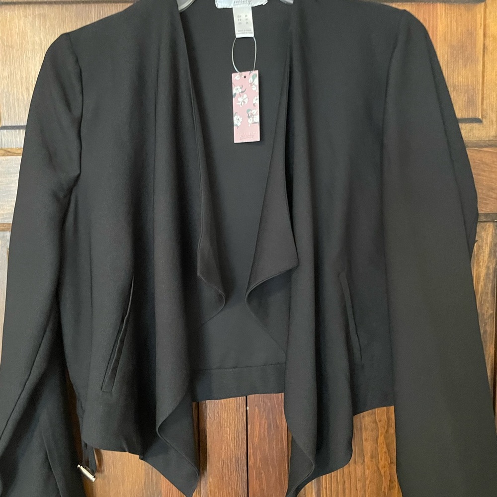 Black crop open front drape jacket